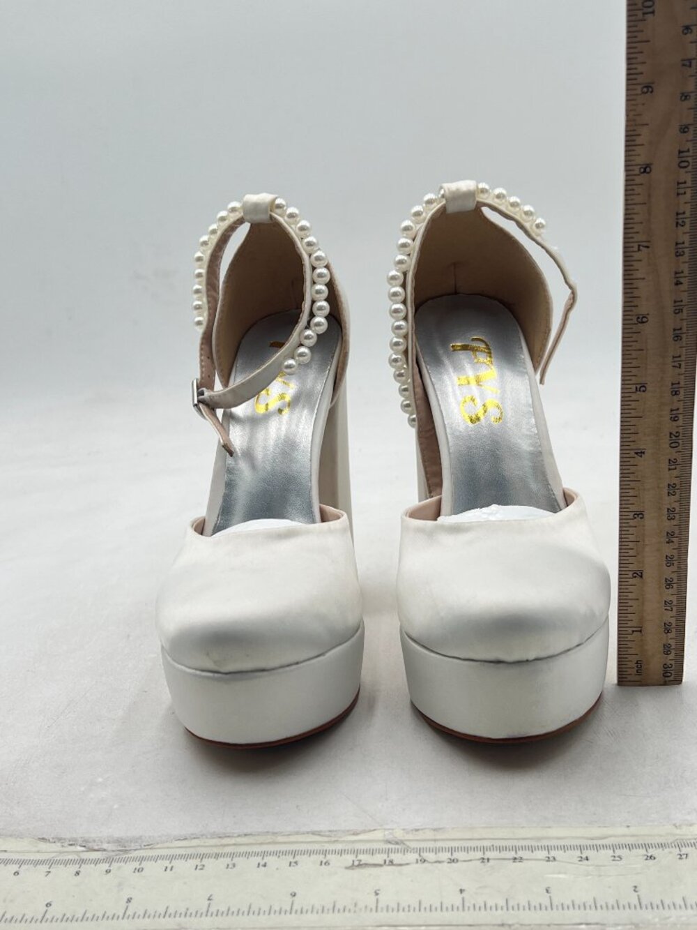 FYS White Round Toe Pump Platform Chunky High Heels Bejeweled Ankle Strap Shoes - Picture 3 of 8